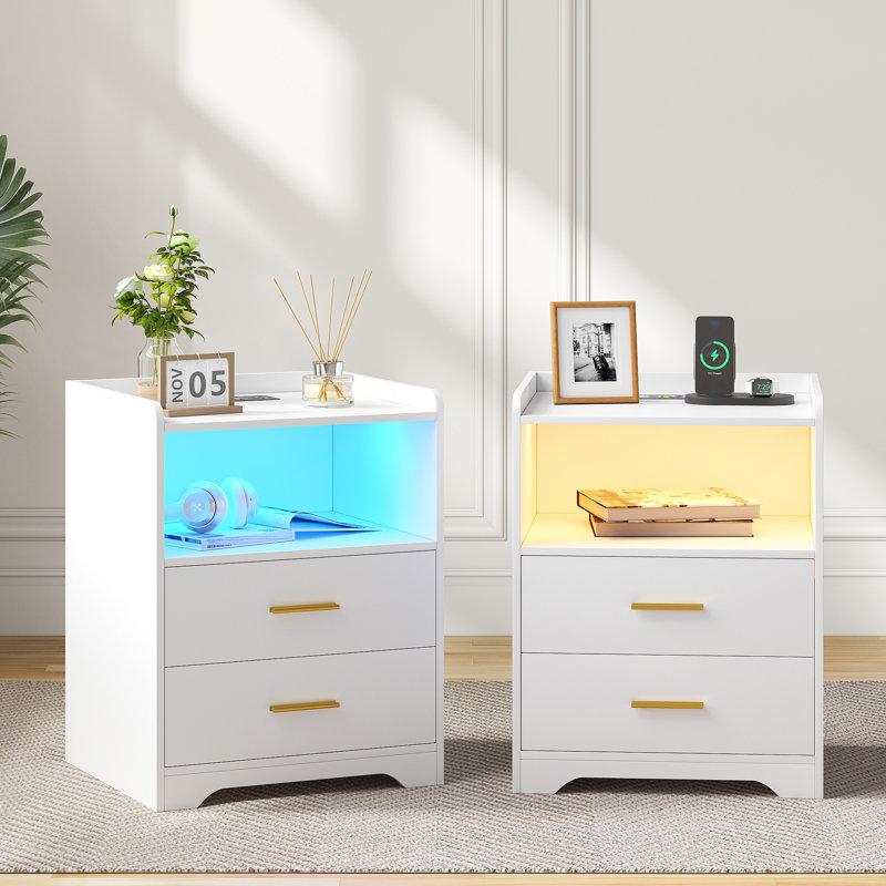 2 Drawer Bedside Table with Charging Station and Human Sensor Light, White