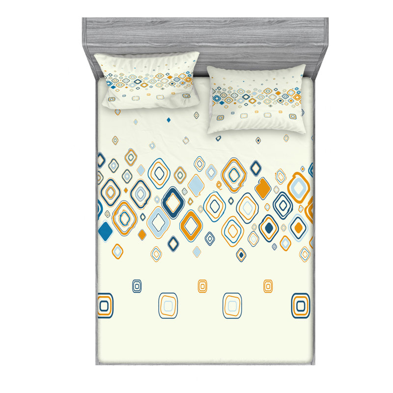 Microfiber Sheet Set, Queen Sheet Set + Fitted Sheet + 2 Pillowcases, Blue/Green/Orange Geometric