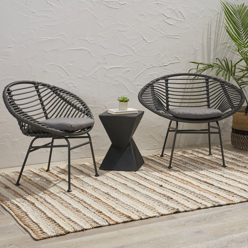 Modern Basket Chair Set, Woven Rattan & Steel (Set Of 2), Dark Gray, Black