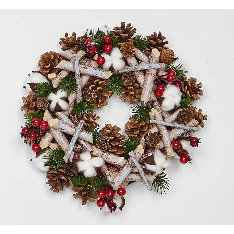Couronne à bûche artificielle 12 "avec pommes de pin, coton et baies