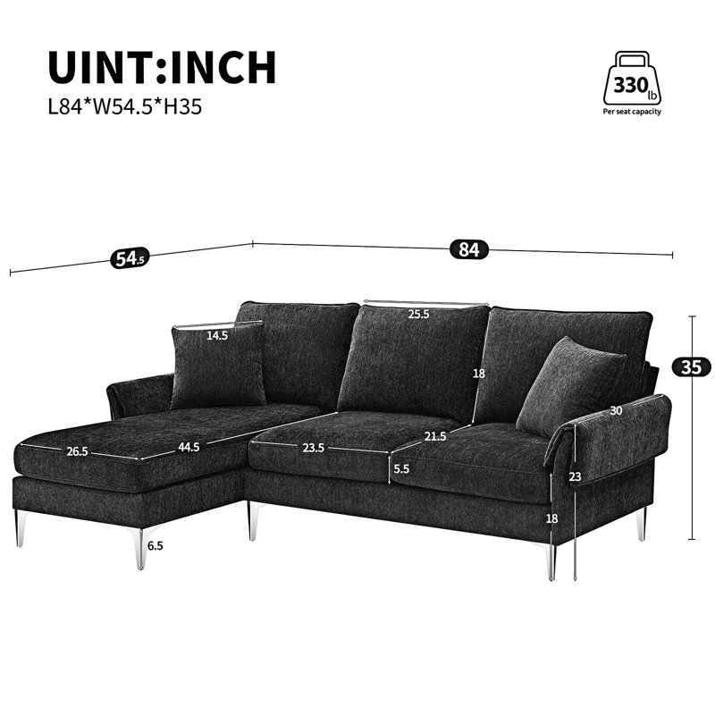 Canapé et méridienne réversible en chenille de 51,6 po de large Chirstian, Chenille noire