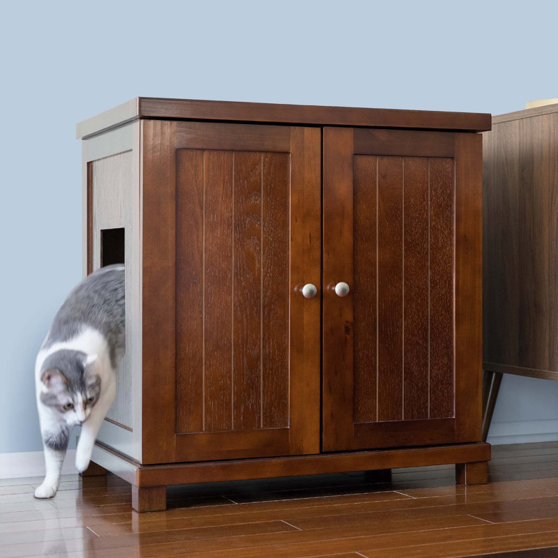 The Refined Litter Box - Wood Cat Litter Box Enclosure Cabinet with Drawer, Cottage Style + Feet, Mahogany, Large, Square