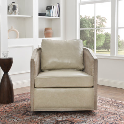  Genuine Leather Oak Wood Cane Swivel Barrel Chair