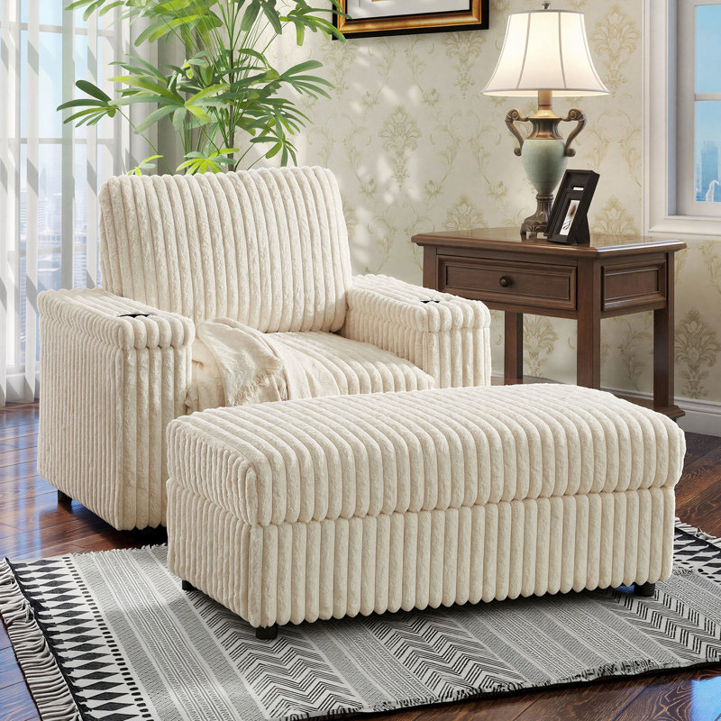 Canapé surdimensionné 43 po en velours côtelé simple avec repose-pieds 2-en-1 avec porte-gobelets intégré, Beige