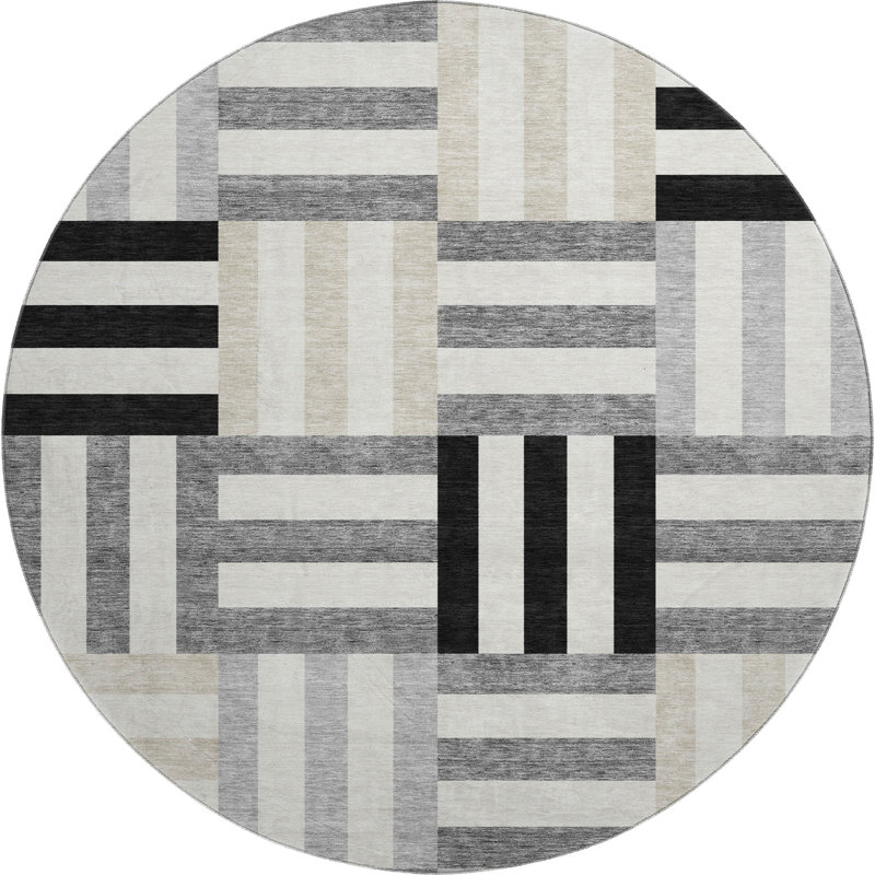 Premium Machine Washable Mayfield AMF2332 Geometric Rug, 8' Round, Black