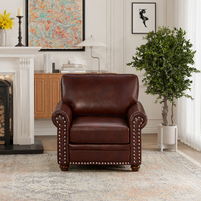 Fauteuil club simple en similicuir bourgogne avec pieds en bois, L 35,8 po, Polyuréthane bourgogne