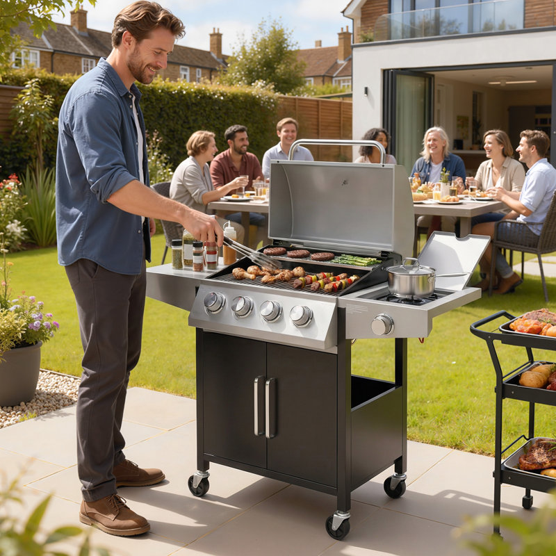 Outsunny 4 Plus 1 Burner Gas BBQ Grill with Side Burner, 14.5 kW Gas Grill