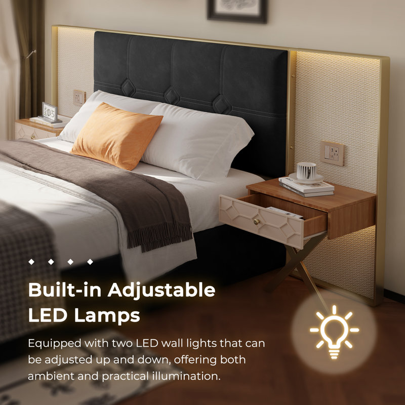 Lit plateforme tapissier en velours avec tête de lit à structure en métal, lampes murales doubles et tables de chevet, aucun sommier nécessaire