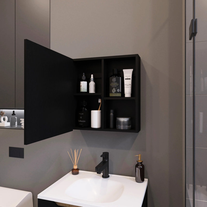 Armoire murale moderne avec miroir et 3 tablettes pour rangement intégré, Noir