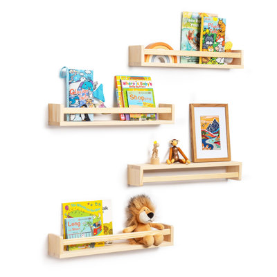 4 Pieces Solid Wood Nursery Book Shelves Floating Bookshelves for Kids