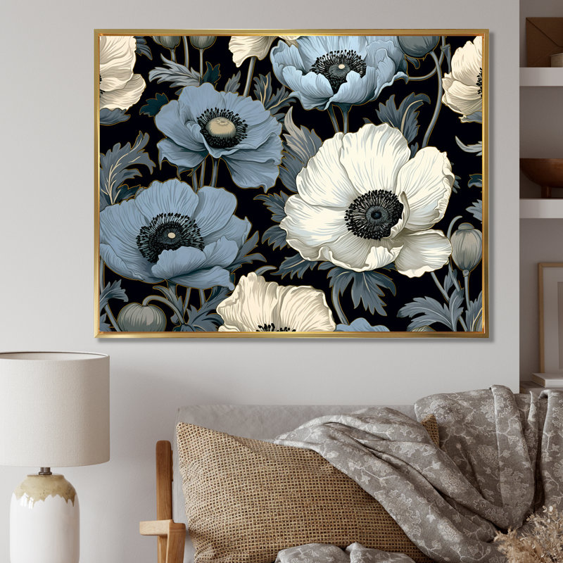 Coquelicots Euphoria bleu et gris I, H 34 po x l 44 po x P 1,5 po, Cadre flottant doré
