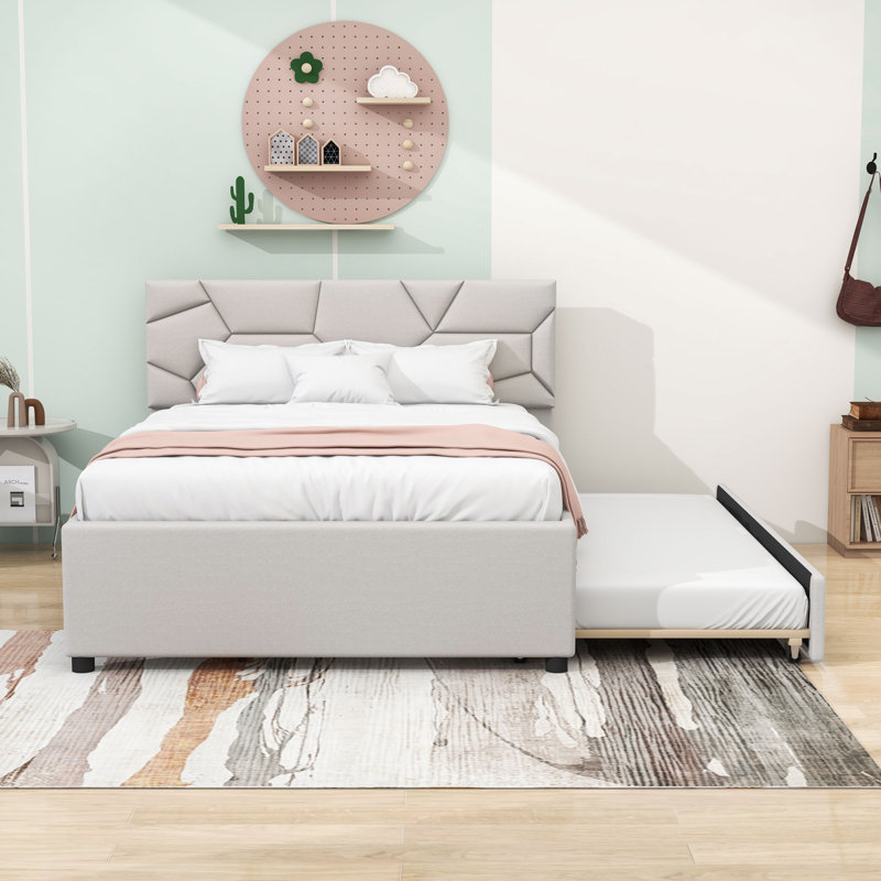 Lit plateforme double tapissier avec lit gigogne simple et tête de lit, Beige