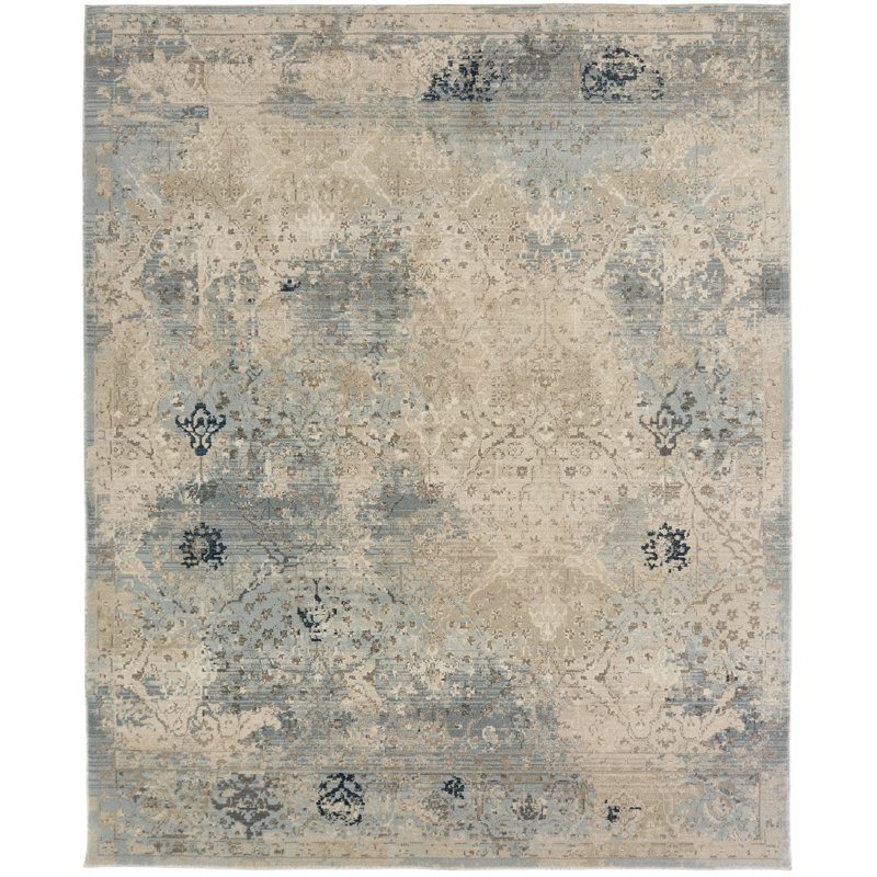Tapis abstrait ivoire / bleu Tedesco, Rectangle 10 pi 2 po x 12 pi 6 po