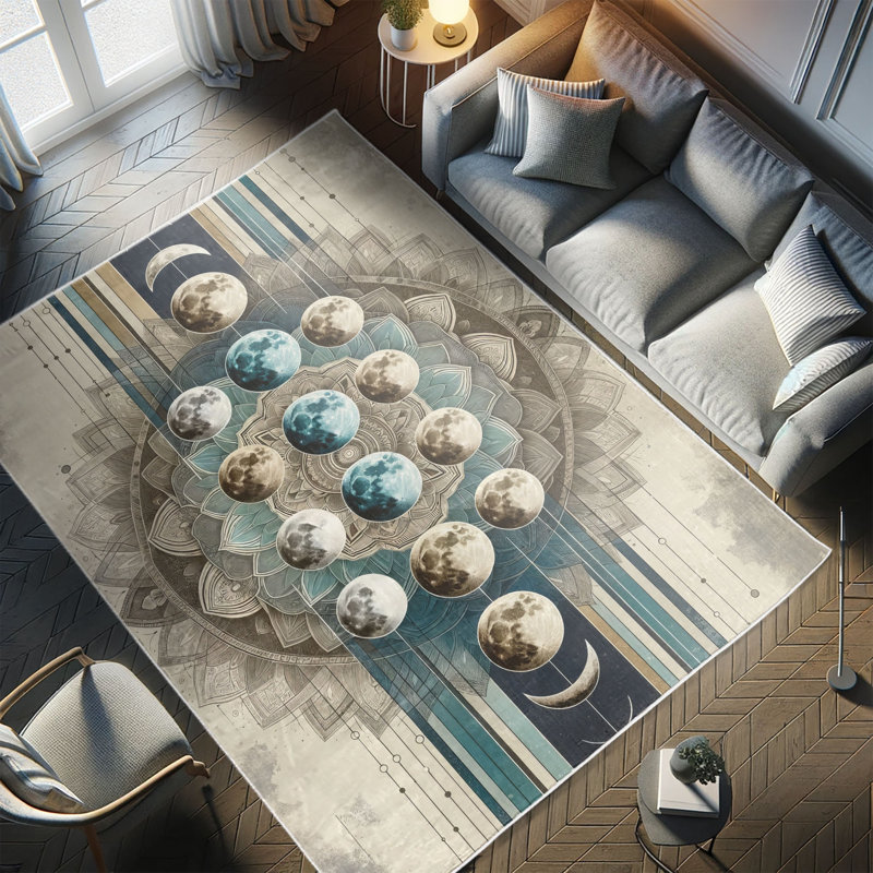 Cadet Blue and Eggshell Oriental Synthetic Area Rug, 5'2" x 7'6"