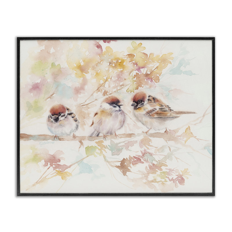 Trio d'oiseaux sur une branche d'aquarelle, estampe numérique, conception par Cady, Giclée encadrée noir minuit