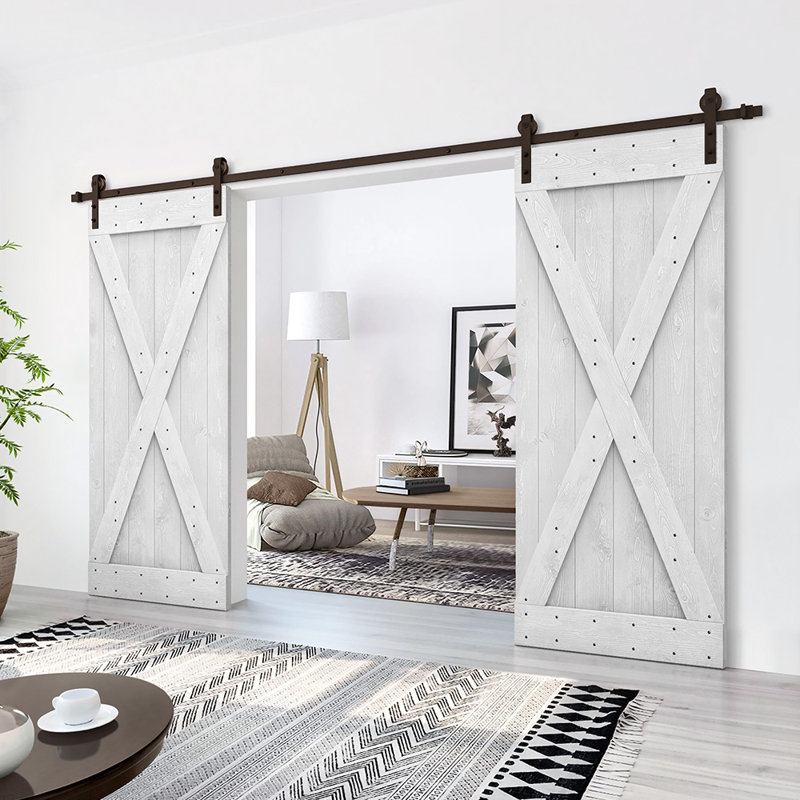 Porte de grange en bois massif lambrissé et métal, Blanc, 64 po x 84 po