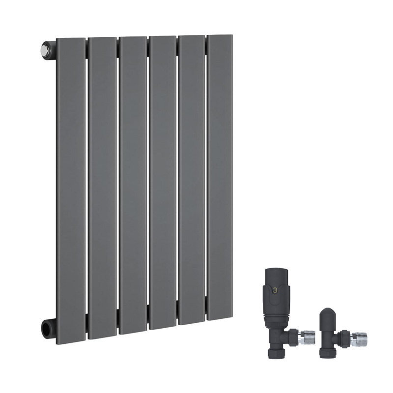 iBathUK Belgravia Horizontal Single Slim Flat Panel Radiator Angled Valve, Grey, 600cm H x 456cm W x 52cm D