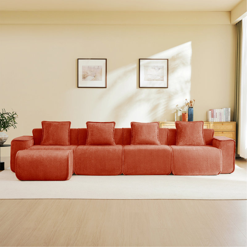 Canapé modulaire à 3 places Boneless, canapé avec coussins décoratifs et 1 repose-pieds mobile, Rouge