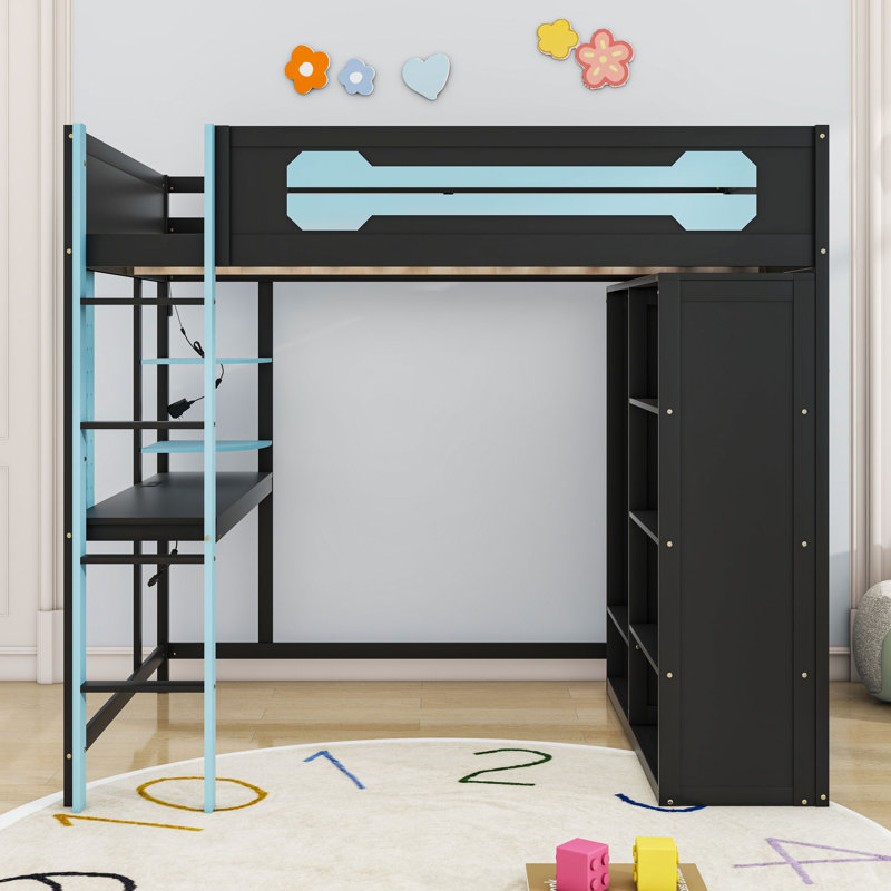 Full Wood Loft Bed With Desk, Open Wardrobe, LED Light And Power Outlets, Blue