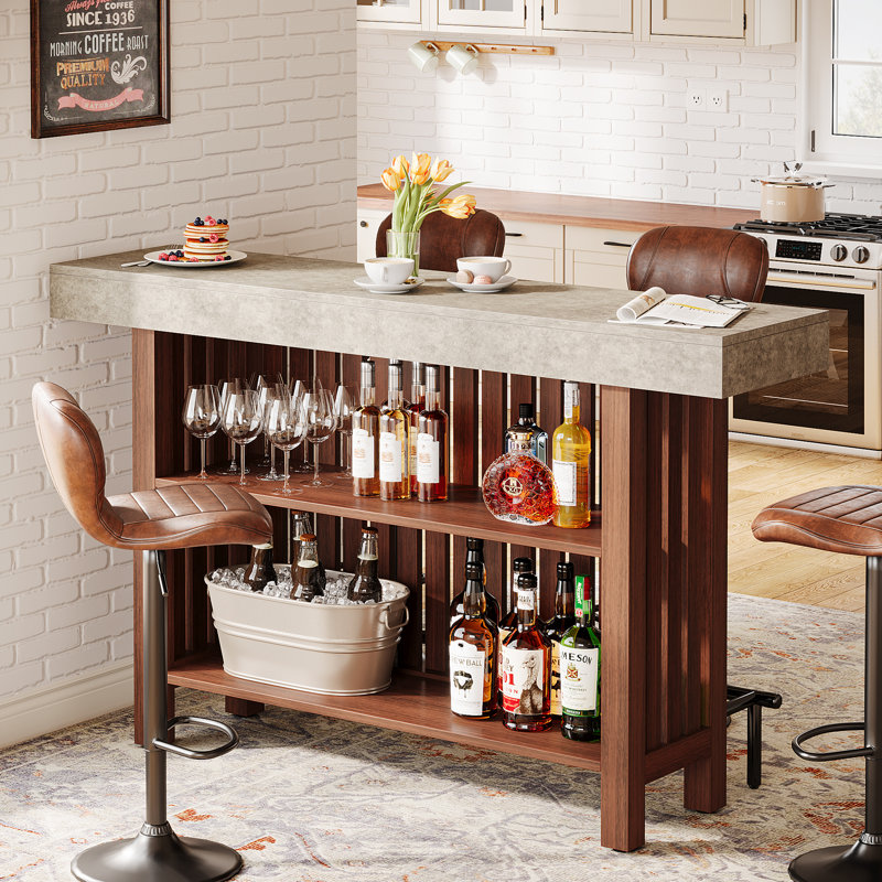 Modern 2-Tier Bar Table Footrest Home Bar Unit Corner Mini Coffee Bar Cabinet Kitchen Pub, Gray/Brown