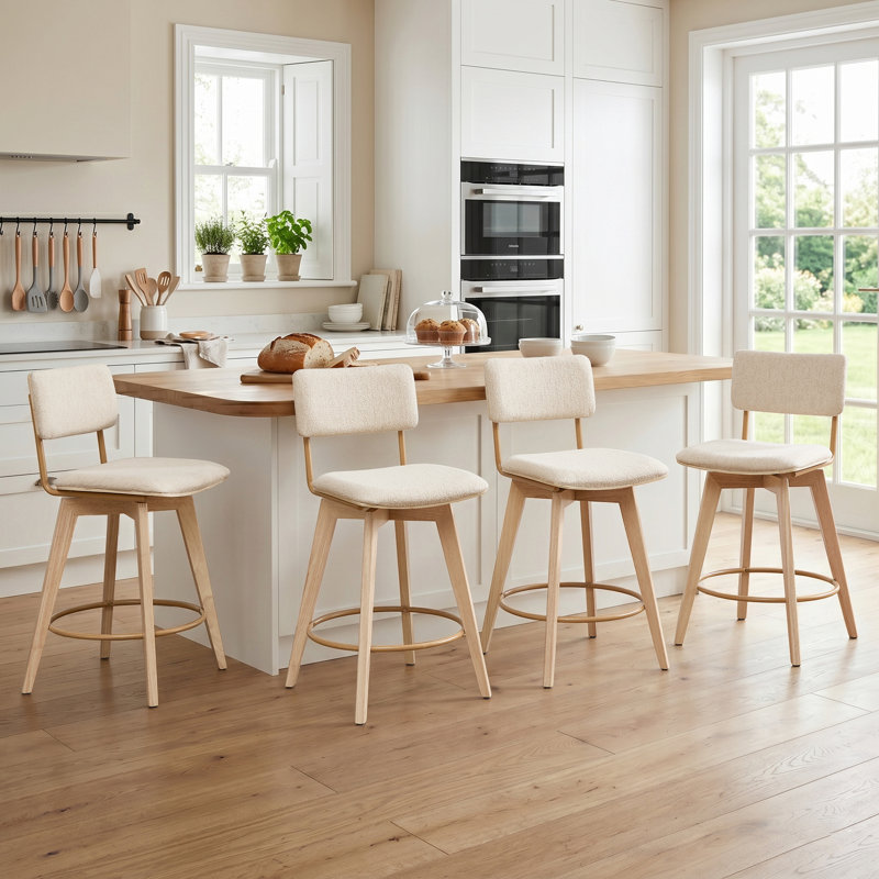 Tabouret de comptoir pivotant de 26 po avec siège et dossier incurvés en lin Mid-Century Ashwell, Naturel
