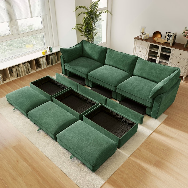 Canapé 3 places avec 3 repose-pieds, siège large et profond, canapé cinéma maison, canapé modulaire avec tiroirs de rangement, vert chenille