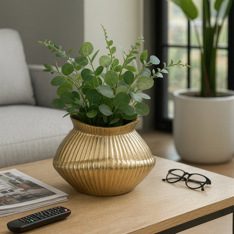 Élégant vase de table en métal nervuré pour la décoration intérieure, H 9 po x l 15 po x P 7 po