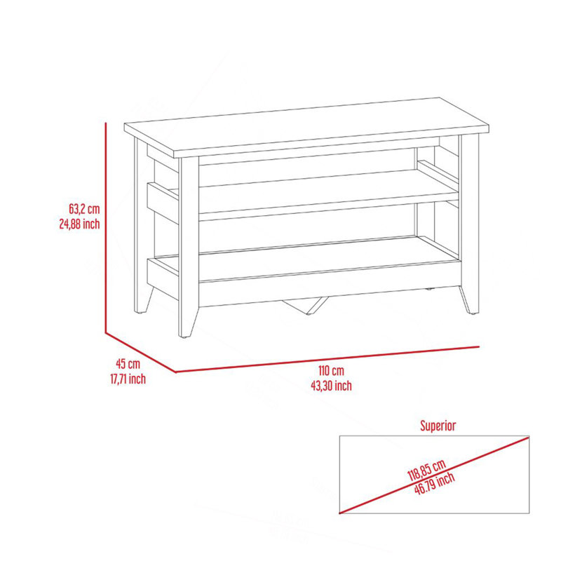 Banc de rangement, deux tablettes ouvertes, chêne clair