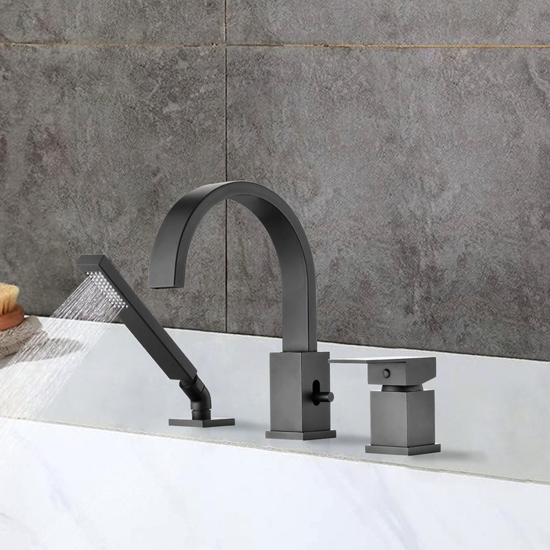 Waterfall Bathtub Faucet With Sprayer, 3-Hole Roman Tub Filler With Hand Shower Deck Mount Waterfall Tub Spout Set