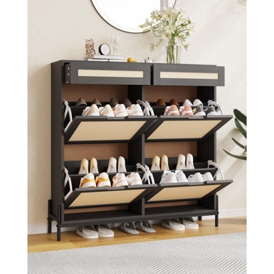 Rattan Shoe Cabinet with 4 Flip Drawers & 2 Top Drawers, Slim Wooden Organizer with Adjustable Shelves