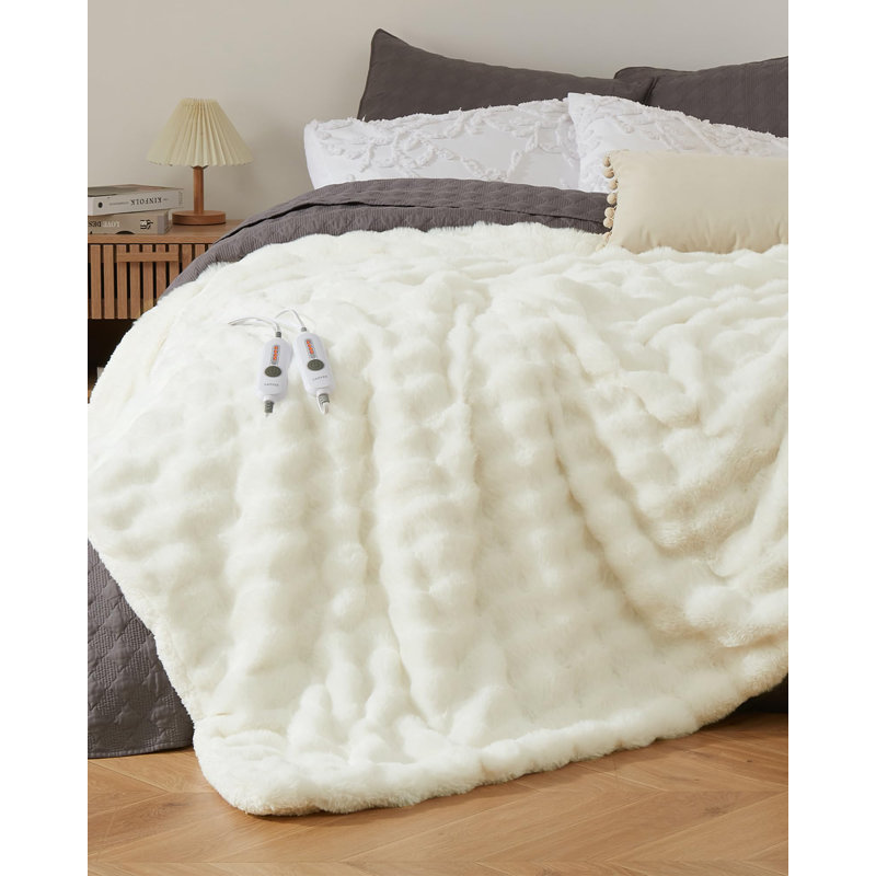Couverture chauffante électrique ultra douce en fausse fourrure et flanelle à double contrôle pour la maison, Crème