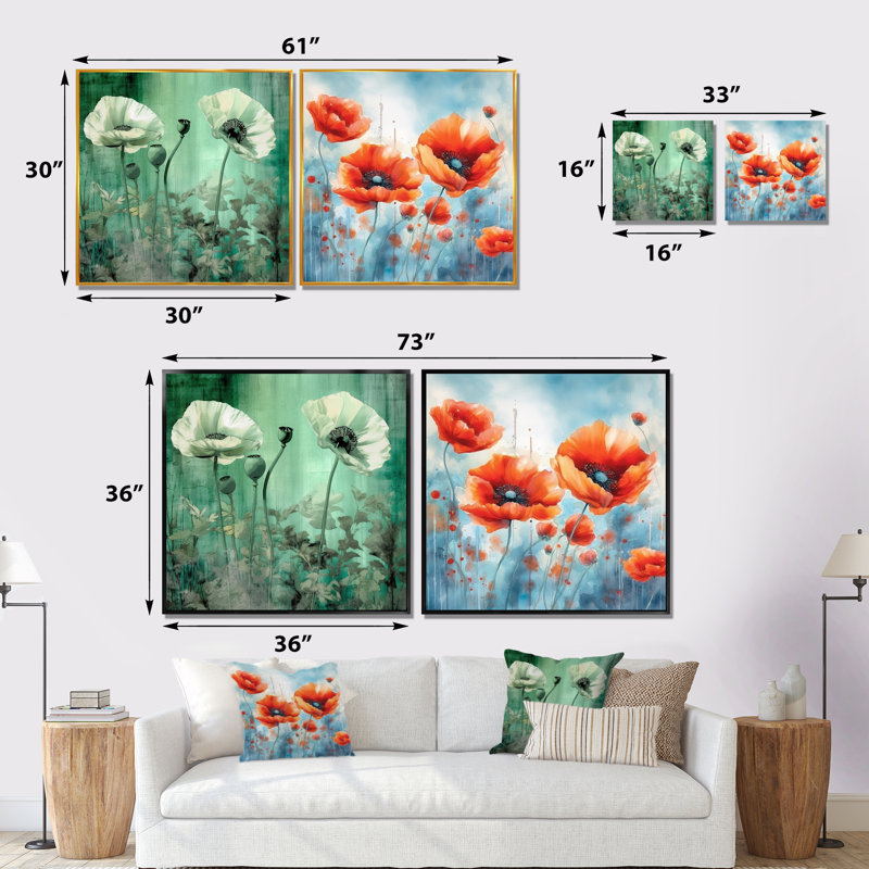 Ensemble de 2 coquelicots rétro - collage carré floral, Cadre flottant noir, H 16 po x l 33 po