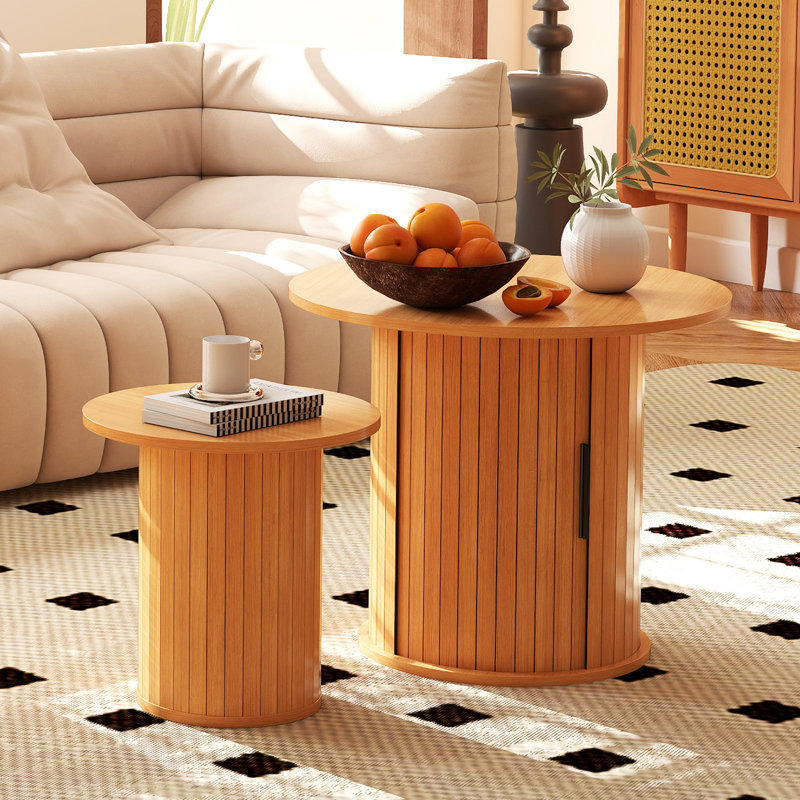Wooden  Nesting Of Coffee Table With Metal Frame, Set Of 2 Spacious Top Coffee Table Sets With Hidden Storage Space, Natural
