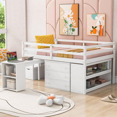 Full Size Loft Bed with Desk, 3 Drawers, Storage Stairs & Shelves, Wooden Kids Bedroom Loft, White