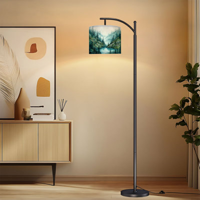 Watercolor Arc Floor Lamp Lamp with Adjustable Lampshade Tranquil Morning Pine Forest Artwork Standing Lamp 3 Colour Temperatures Dimmable Tall Pole Lamp with Foot Switch for Bedroom