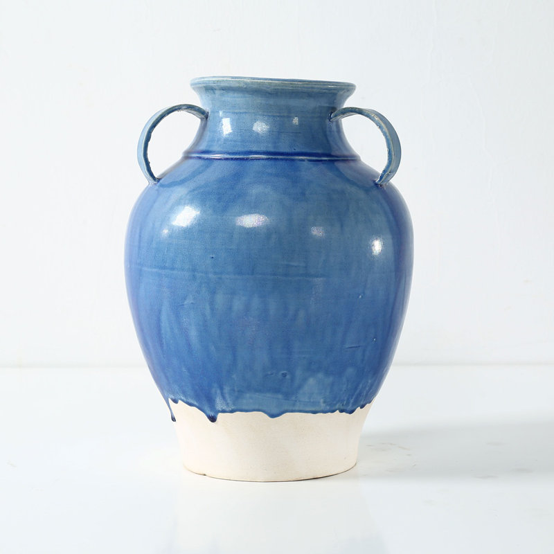 Approx. 11 Inches High Blue-Green Vase with Three Handles (4.7" Opening)