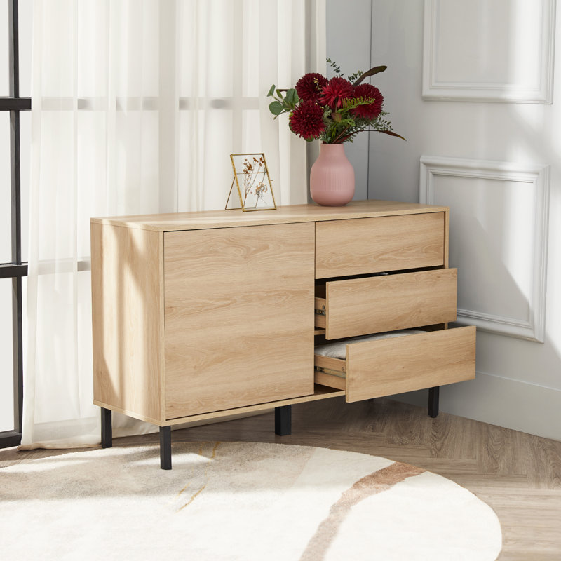 Mid-Century Modern Oak Sideboard Storage Credenza with 3 Drawers and Adjustable Shelf Cabinet