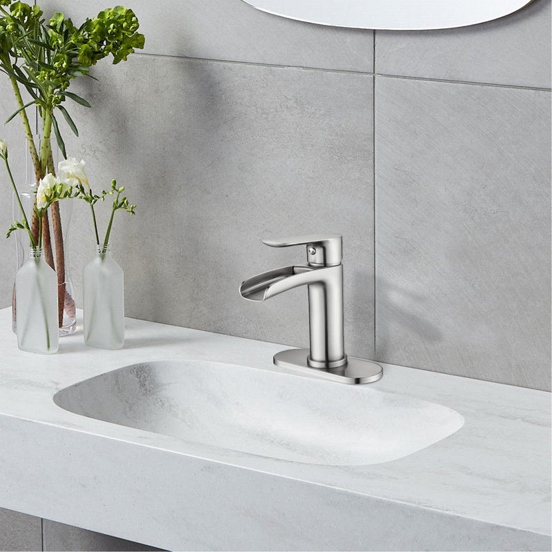 Single Handle Waterfall Bathroom Sink Faucet - Brushed Nickel With Deck Plate And Overflow Pop Up Drain For Vanity Stylish Lavatory Restroom Performance
