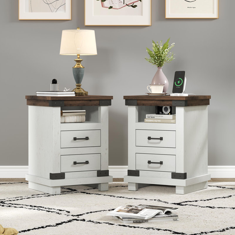 Farmhouse Nightstand Set with Charging Station Set of 2, White, White/Brown, 2
