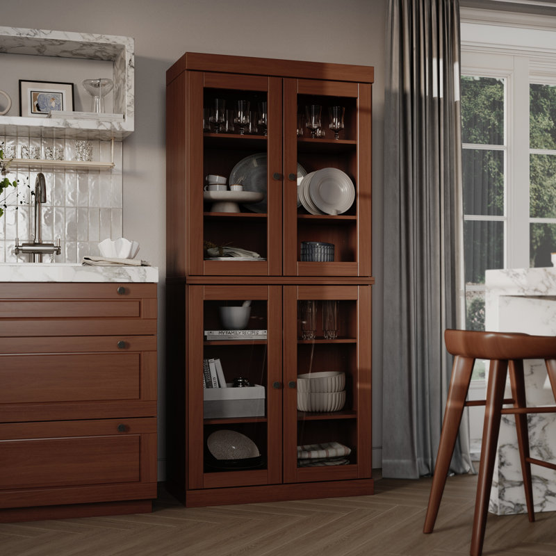 Garde-manger 32 po Kaniesha en bois massif avec portes en verre transparent et tablettes réglables, Moka