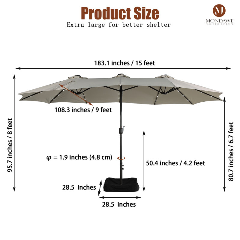 15 ft. W. x 9 ft. D. Rectangular Lighted Market Umbrella with Base and Cover, Beige