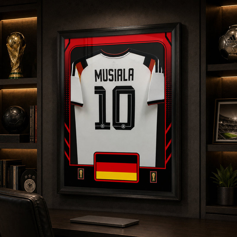 Jamal Musiala encadré 25,75 x 33,75 de la Coupe du Monde de la Fifa, 2026, Allemagne, domicile officiel, réplique du maillot