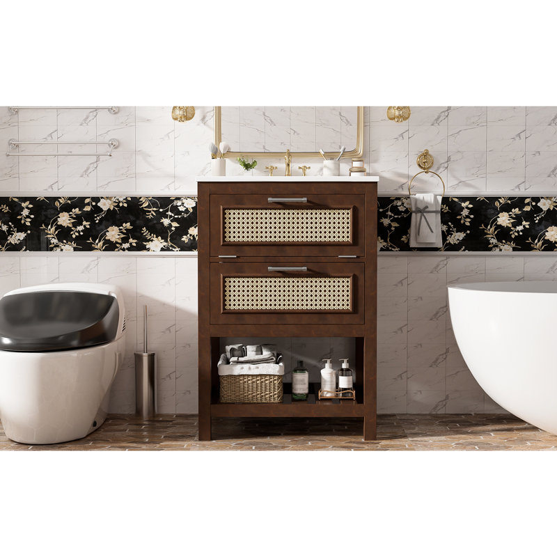 Meuble-lavabo de 24 po avec lavabo intégré, disposition compacte et élégante, un tiroir profond rabattable, pieds en bois massif, assemblage rapide, installation de robinet de 4 po, pièce moderne brun foncé