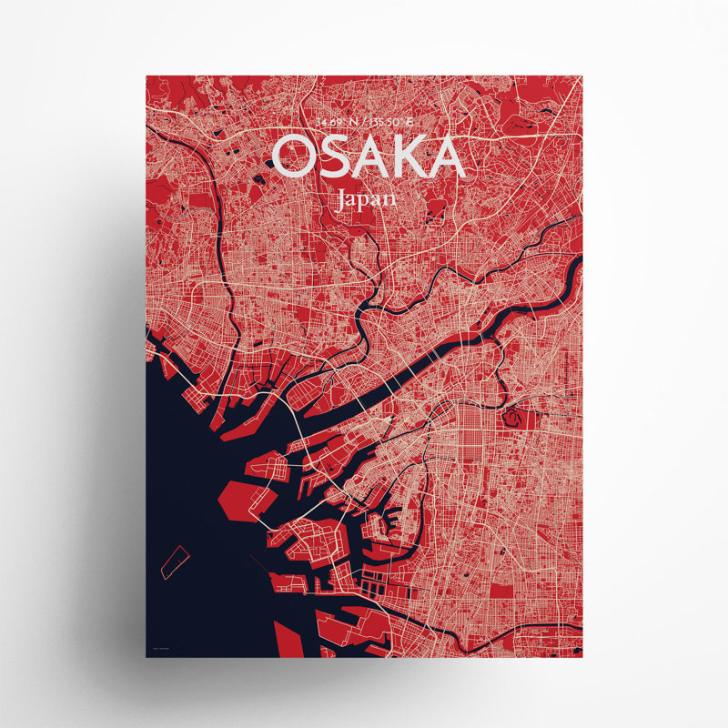 Osaka City Map in Nautical 1 Piece Wall Art, 24cm H x 18cm W x 0.05cm D