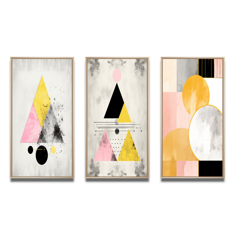 «Transcendence Retro Triangular Minimal IV», 3 pièces sur toile, Cadre naturel flottant, H 20 po x l 36 po