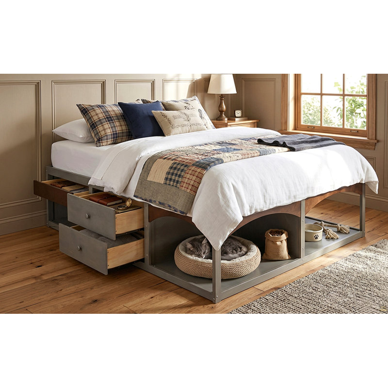 Structure de très grand lit avec tiroirs de rangement, lit plateforme sans tête de lit, conception adaptée aux animaux de compagnie, aucun sommier tapissier requis, style minimaliste moderne - gris antique