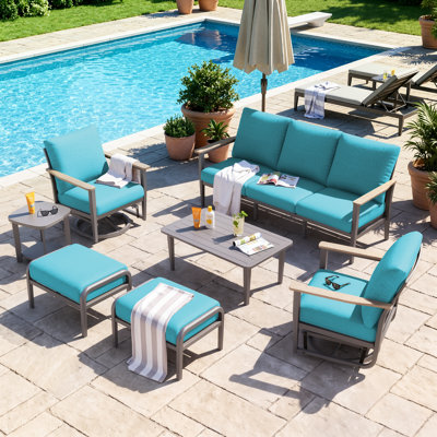 Ensemble de conversation pour patio extérieur 7 personnes avec cadre en aluminium, 2 chaises berçantes pivotantes et poufs