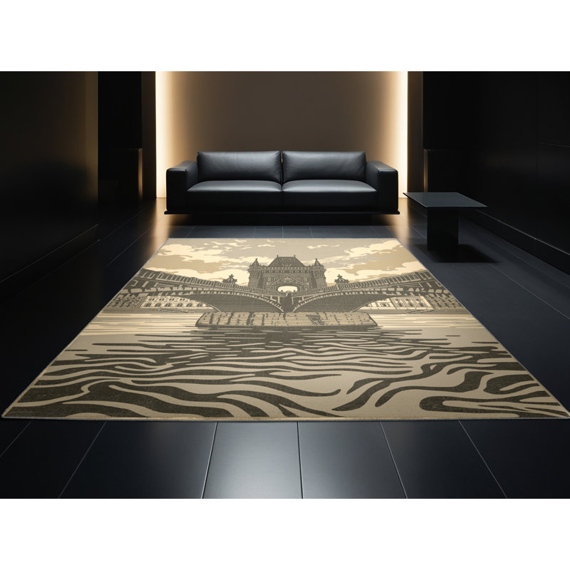 Machine Washable Orkan Prague Charles Bridge Vintage Block Print Rug in Brown – Gray Binding, 2x4