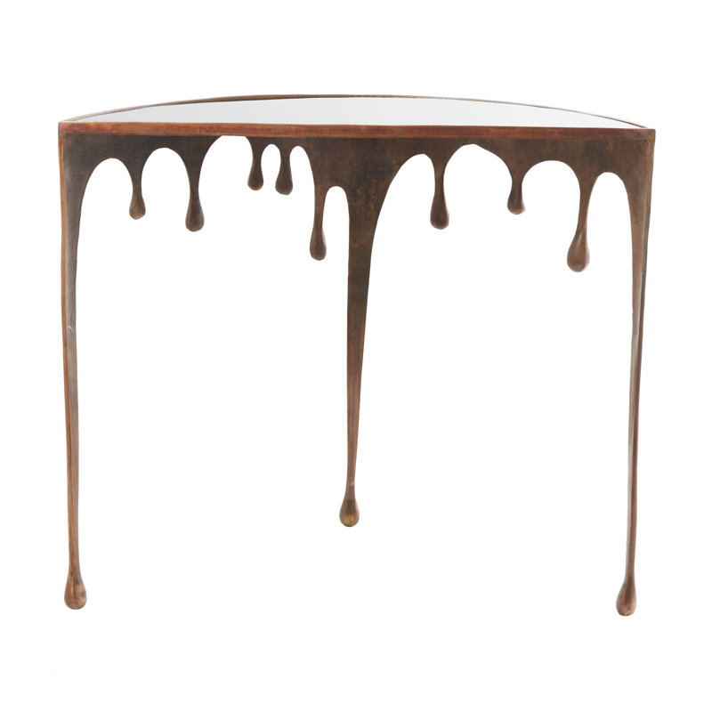 Moderna Aluminum Metal Abstract Crescent Drip Living Room Console Table with Melting Designed Legs and Shaded Glass Top