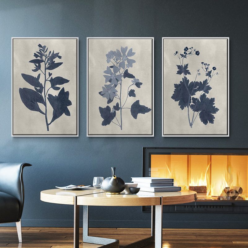 "Marine Pressed Flowers VI", ensemble de 3 toiles encadrées, H 27 po x l 54 po, Blanc